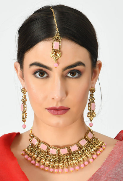 Gold-Plated Stone & Pearls Baby Pink Necklace Set Mangalsutra Jkms_072