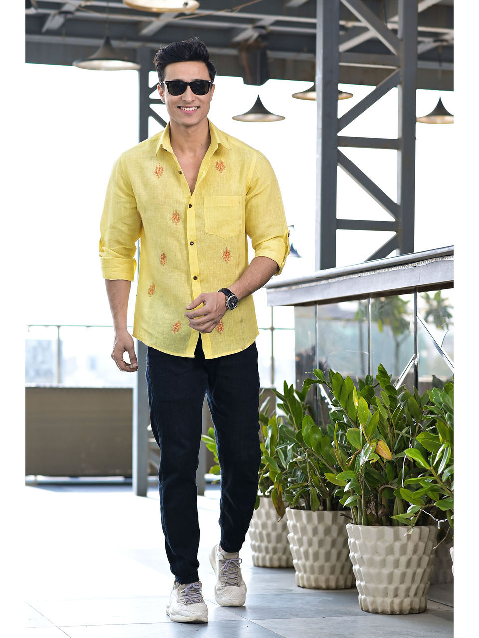 Men's Yellow Linen Embroidery Shirt