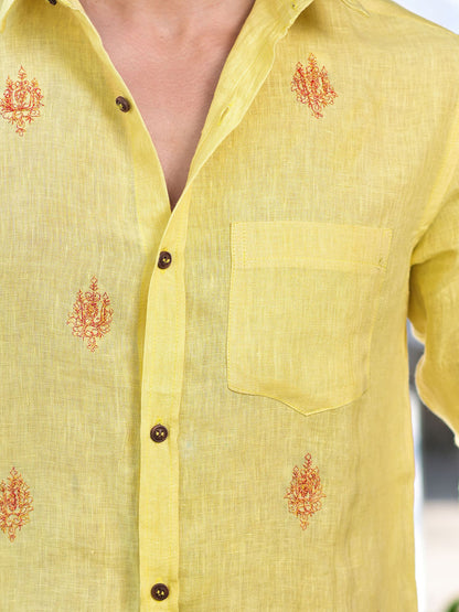 Men's Yellow Linen Embroidery Shirt