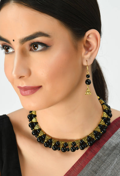 Gold-Plated Black Pearls Necklace with Earrings Jkms_091