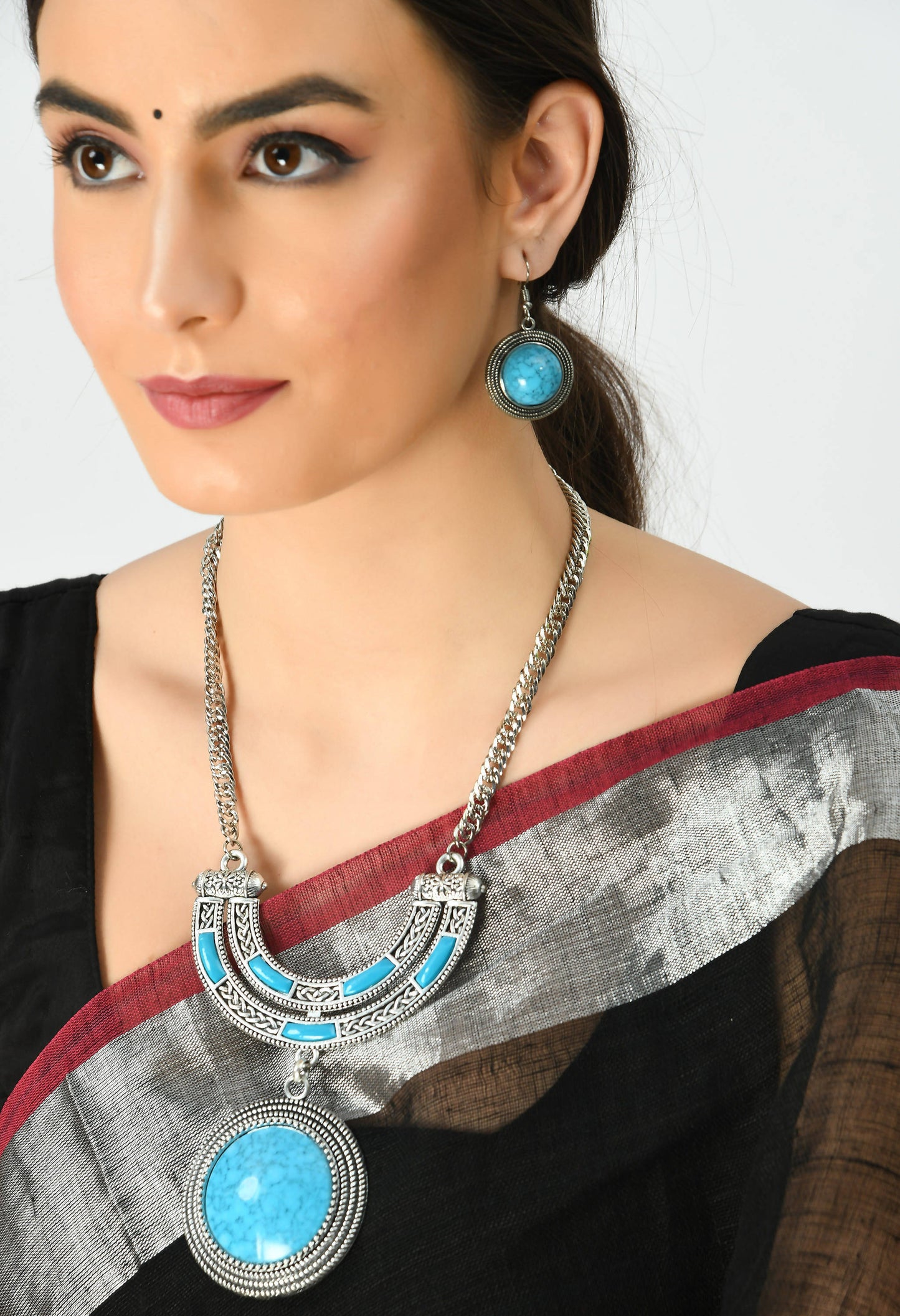 Silver-Plated Rajwadi Design Necklace with Earrings Jkms_077