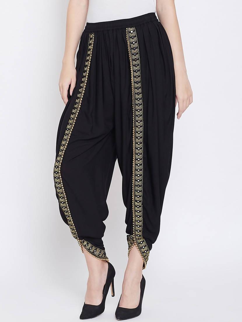 Women's Black Viscose Rayon Dhoti With Golden Lace