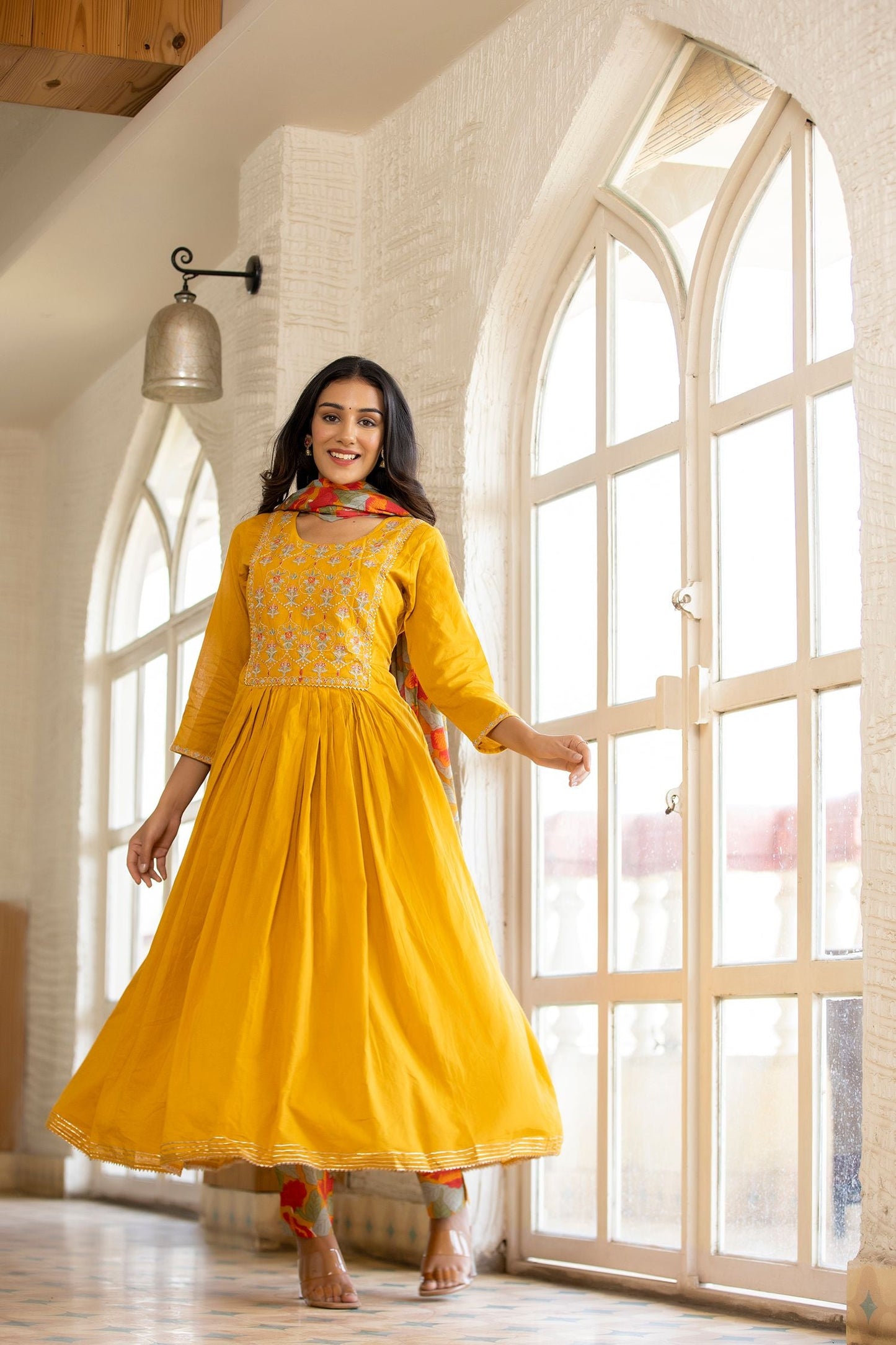 Women's Yellow Floral Print Anarkali Suit Set