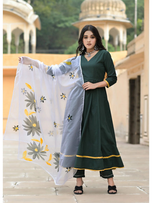 Women's Cadmium Green Anarkali With Handpainted Dupatta