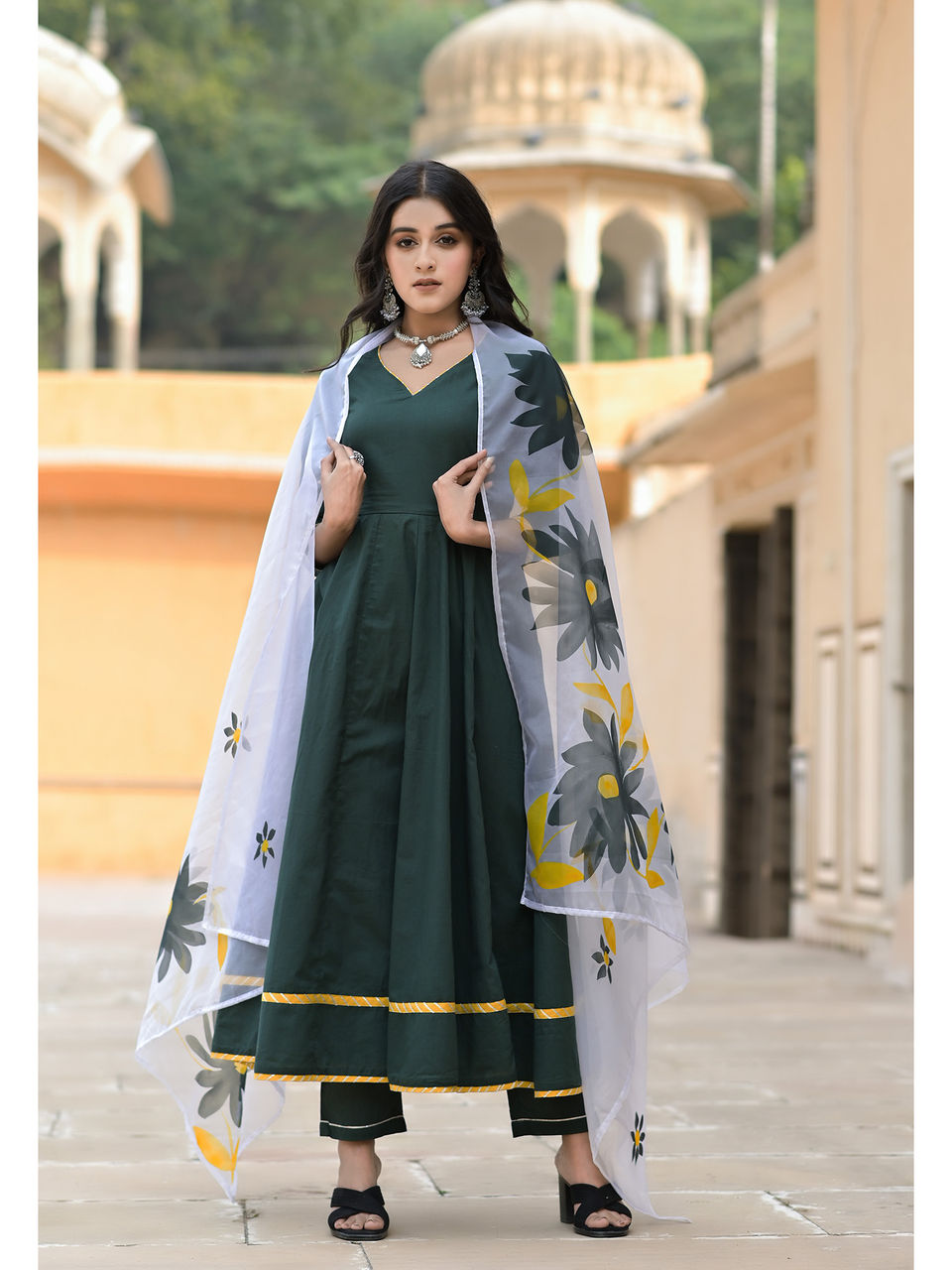 Women's Cadmium Green Anarkali With Handpainted Dupatta