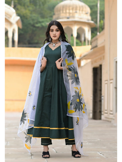 Women's Cadmium Green Anarkali With Handpainted Dupatta