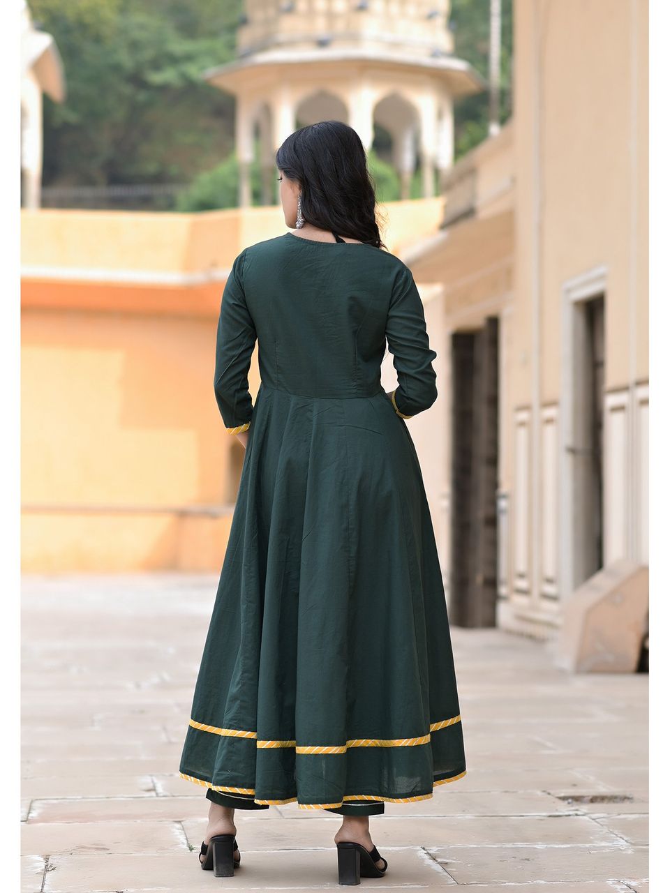 Women's Cadmium Green Anarkali With Handpainted Dupatta