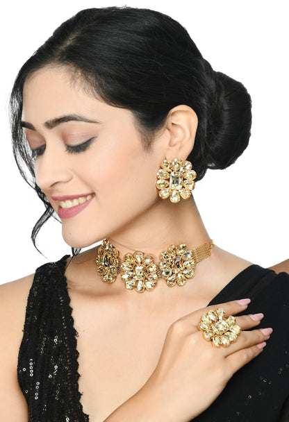 Golden Plating Designer Choker Set with Earrings, Ring Jkms_172