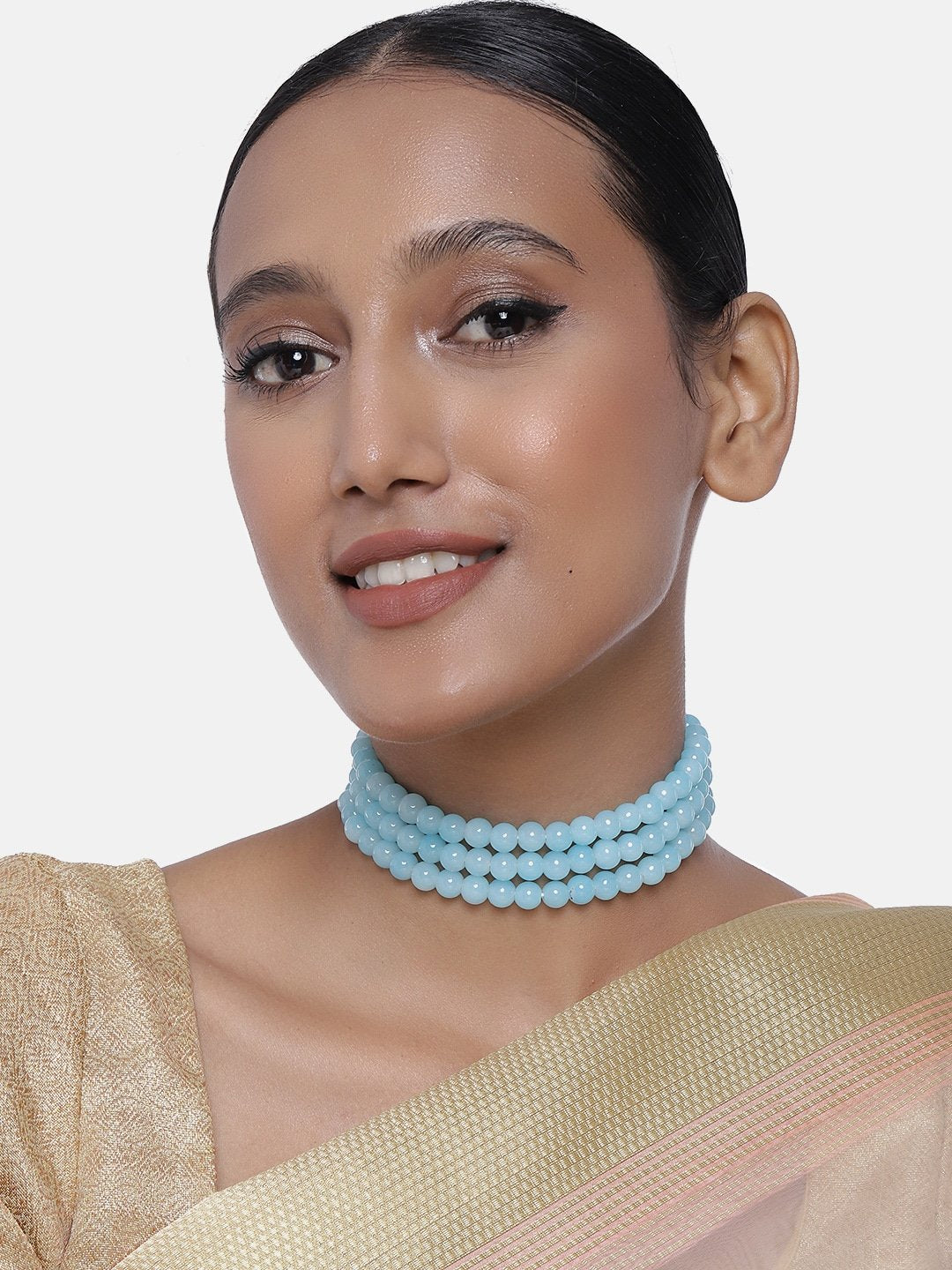 Women's Gold Plated Turquoise Handcrafted 3 Layer Light Weighted Pearl Choker Necklace Set