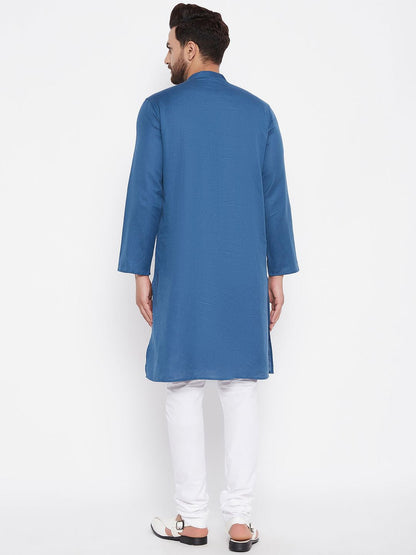 Men's Woven Design Blue Straight Kurta