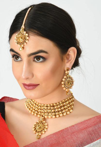 Gold-Pated Stone & Pearls Necklace with Earrings & Tikka Jkms_076