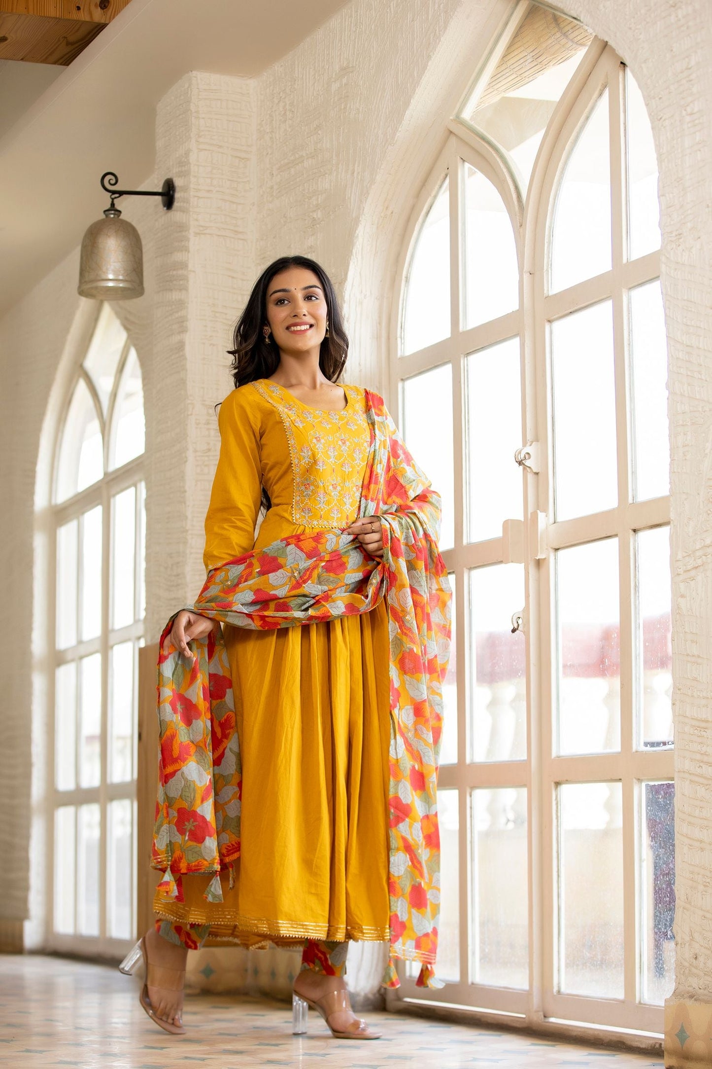 Women's Yellow Floral Print Anarkali Suit Set