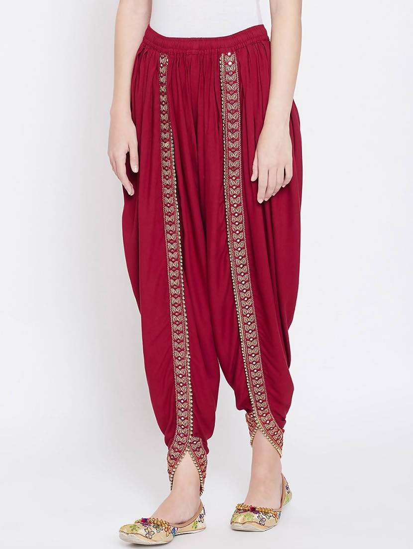 Women's Maroon Viscose Rayon Dhoti With Golden Lace