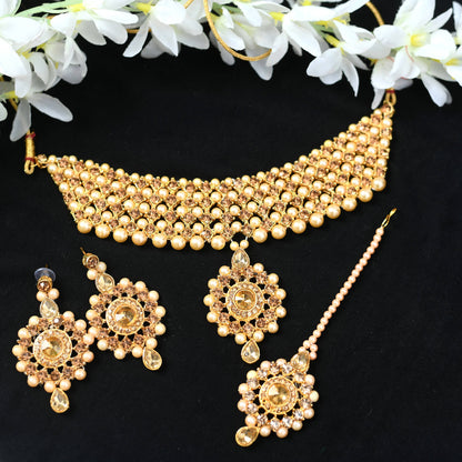 Gold-Pated Stone & Pearls Necklace with Earrings & Tikka Jkms_076