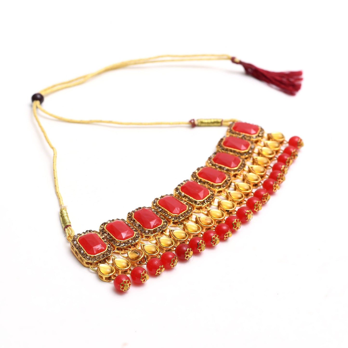 Gold-Plated Red Color Stone & Pearls Necklace with Earrings ,Tikka Jkms_125