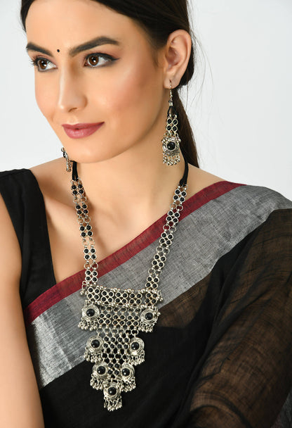 Silver-Plated Black Color Kundan Necklace with Earrings Jkms_095