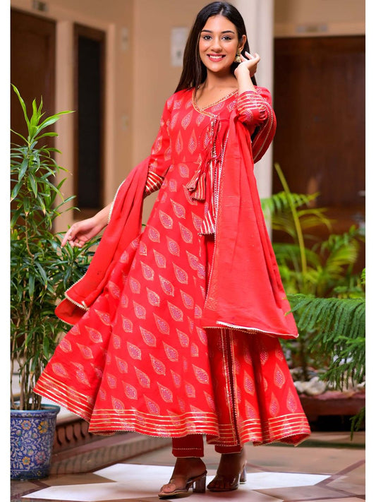 Women's Ravishing Red Block Print Angrakha Suit Set