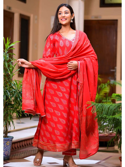 Women's Ravishing Red Block Print Angrakha Suit Set