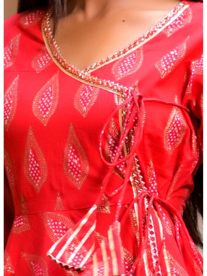 Women's Ravishing Red Block Print Angrakha Suit Set