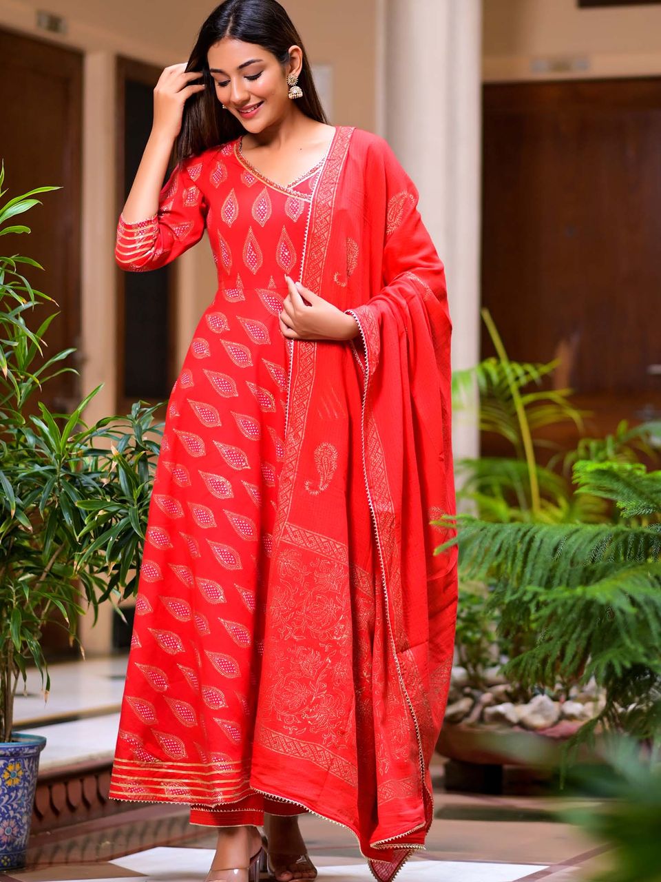 Women's Ravishing Red Block Print Angrakha Suit Set