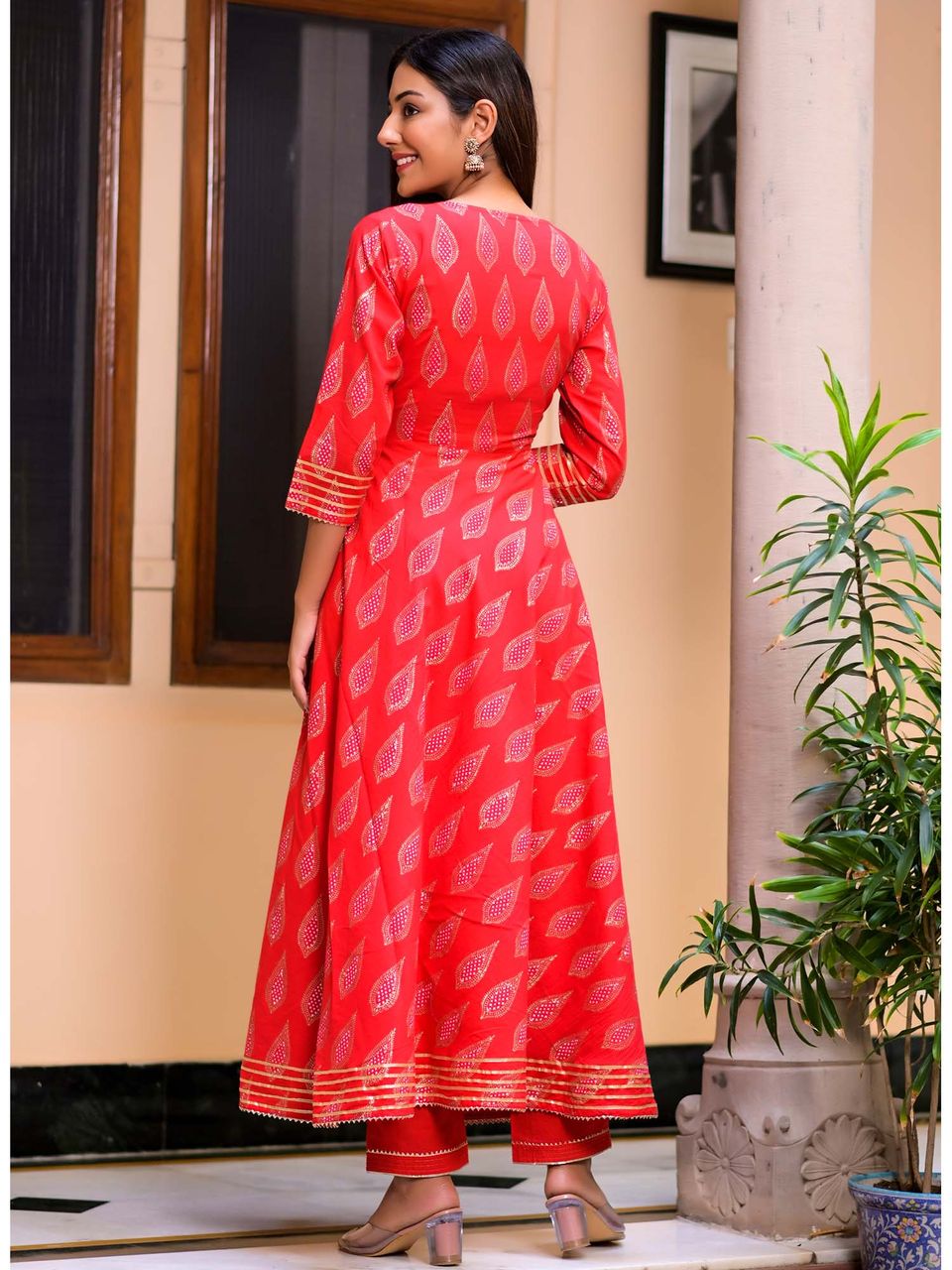 Women's Ravishing Red Block Print Angrakha Suit Set