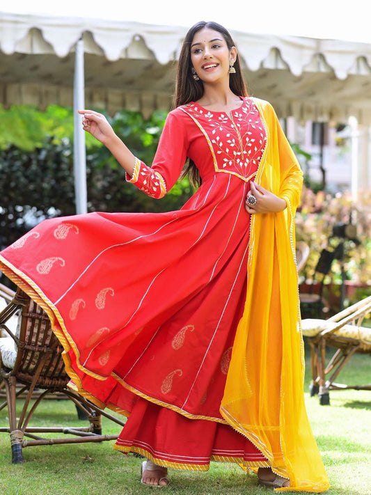 Women's Ravishing Red Gota Patti Anarkali Suit Set