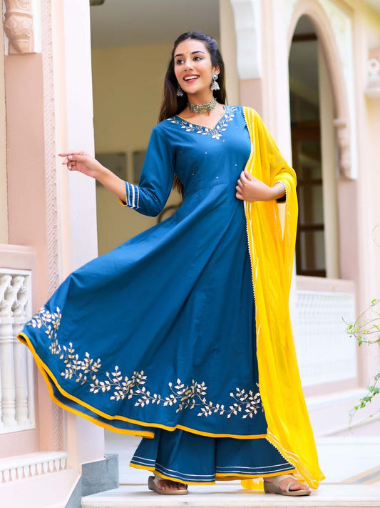 Women's Blue Heavy Gota Patti Anarkali Suit Set