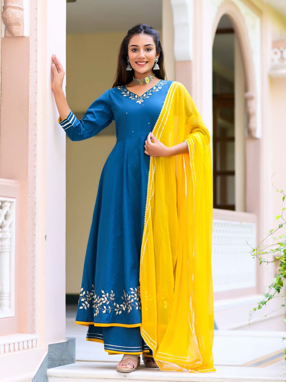 Women's Blue Heavy Gota Patti Anarkali Suit Set