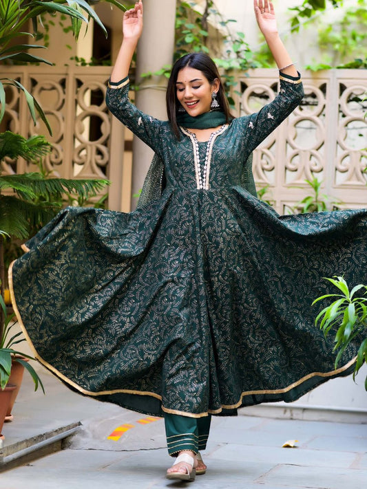 Women's Dark Green Block Print Anarkali Suit Set