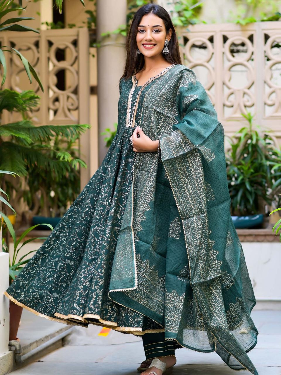 Women's Dark Green Block Print Anarkali Suit Set