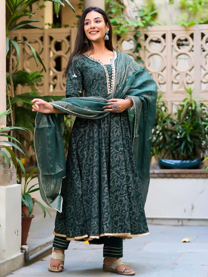 Women's Dark Green Block Print Anarkali Suit Set