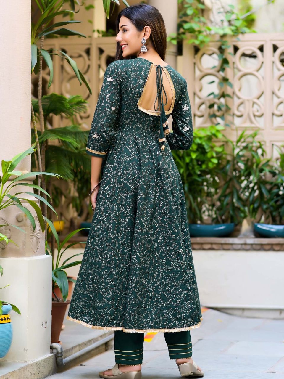 Women's Dark Green Block Print Anarkali Suit Set