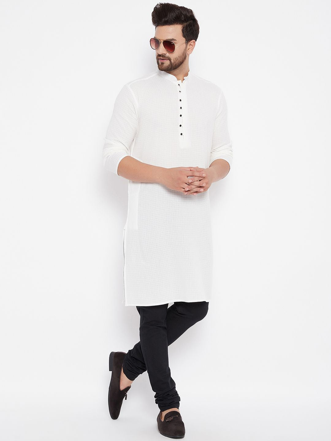 Men's Woven Design White Straight  Kurta