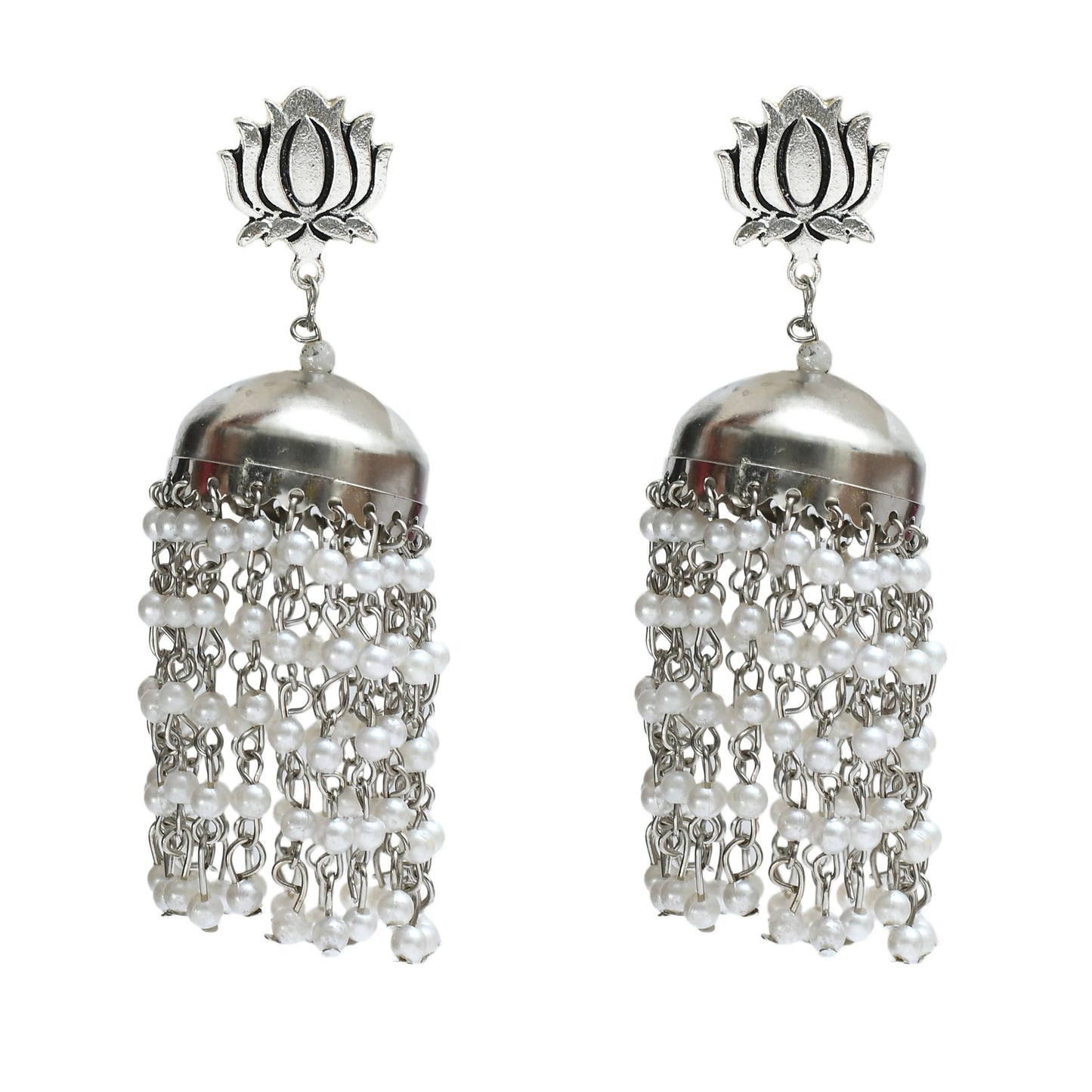 Silver-Plated Lotus design Earrings with Pearls Jhumkas Jker_077