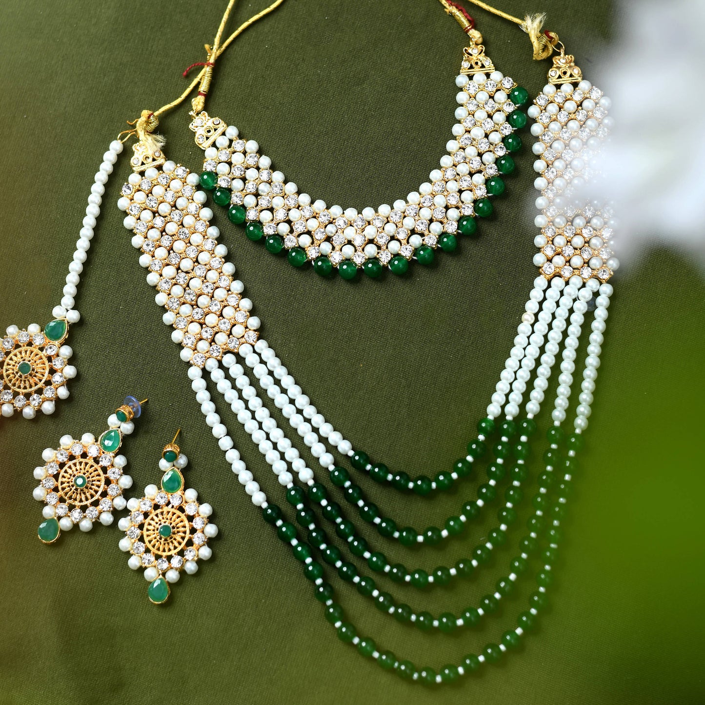 Gold-Plated Rani Haar with Green and Off white Pearls Jewellery Set Jkms_031