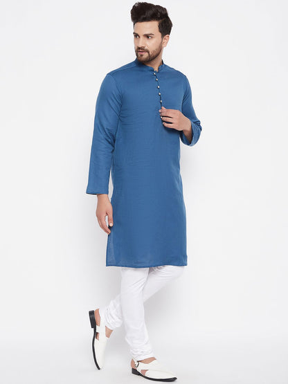 Men's Woven Design Blue Straight Kurta