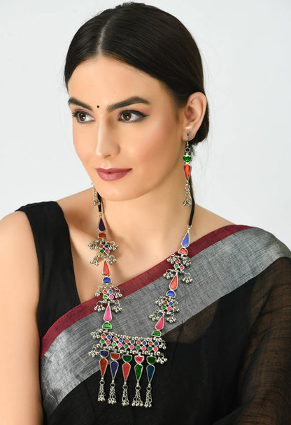 Traditional Multi color Afghani Necklace with Earrings Jkms_045