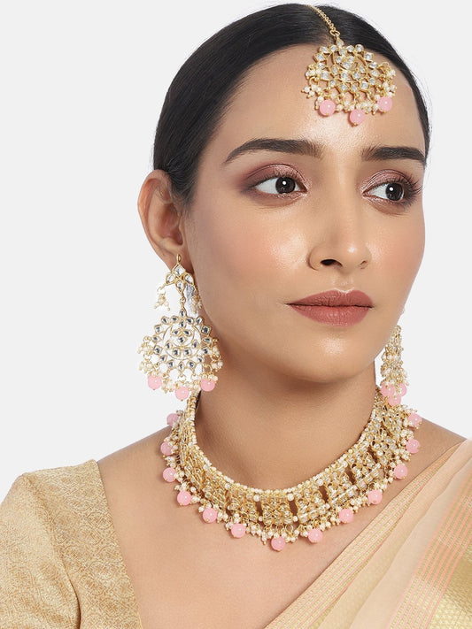 Women's Gold Plated Pink Kundan & Pearl Studded Choker Necklace Set with Earrings & Maang Tikka