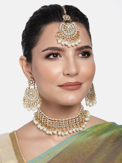 Women's Gold Plated White Kundan & Pearl Studded Choker Necklace Set