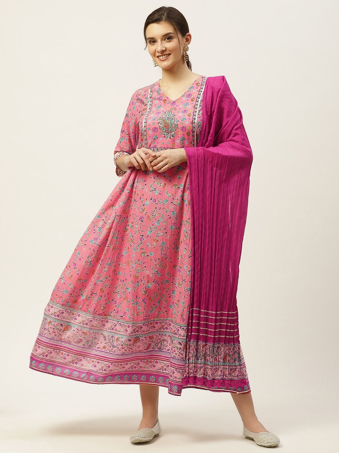 Women's Floral Print Anarkali Dress & Dupatta Set