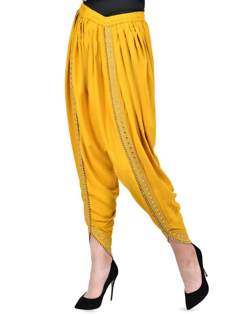 Women's Mustard Viscose Rayon Dhoti With Golden Lace