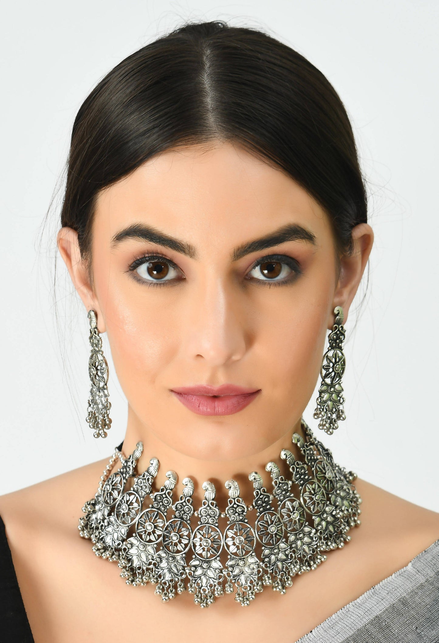 Silver-Plated Oxidised Necklace & Earrings Jkms_107