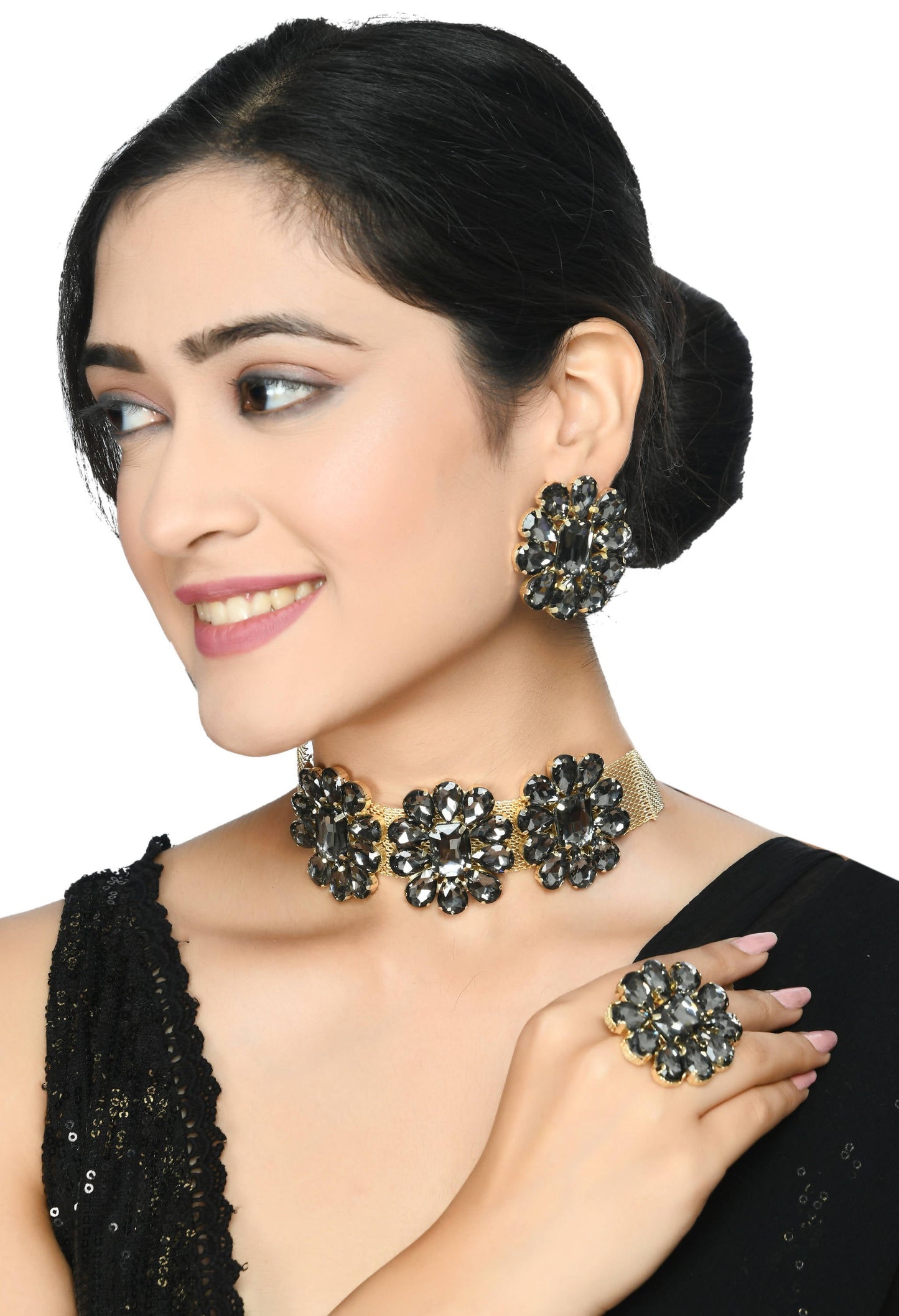 Designer Golden Plating Choker Set with Earrings and Ring Jkms_175