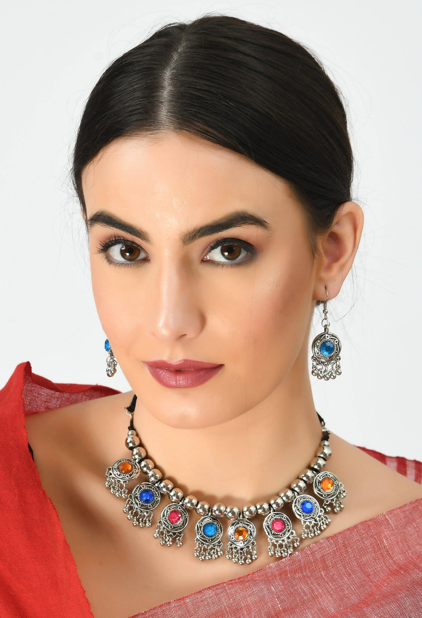 Silver-Plated Multi Color Necklace with Earrings Jkms_066