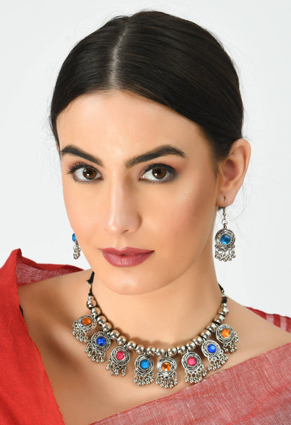 Silver-Plated Multi Color Necklace with Earrings Jkms_066