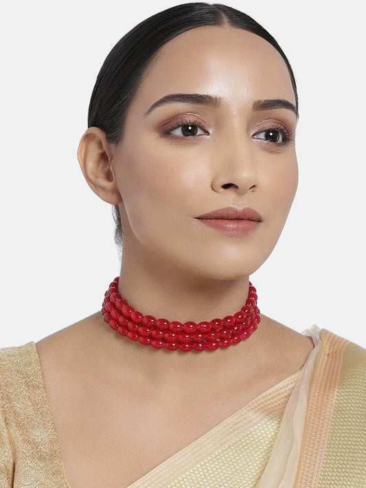 Women's Gold Plated Red Handcrafted 3 Layer Light Weighted Ruby Pearl Choker Necklace Set