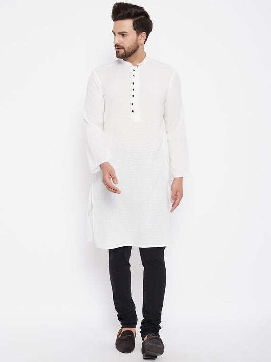 Men's Woven Design White Straight  Kurta