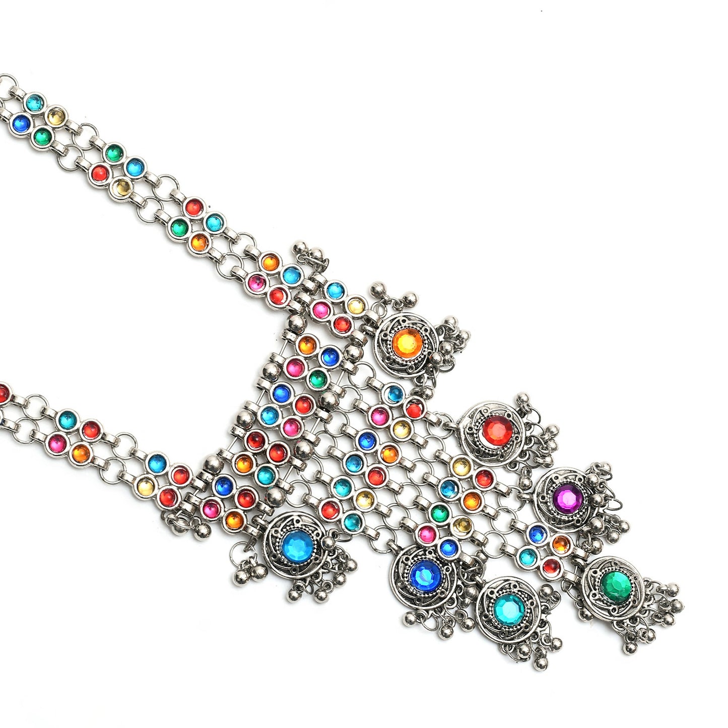 Silver-Plated Multi Color Kundan Necklace with Earrings Jkms_109