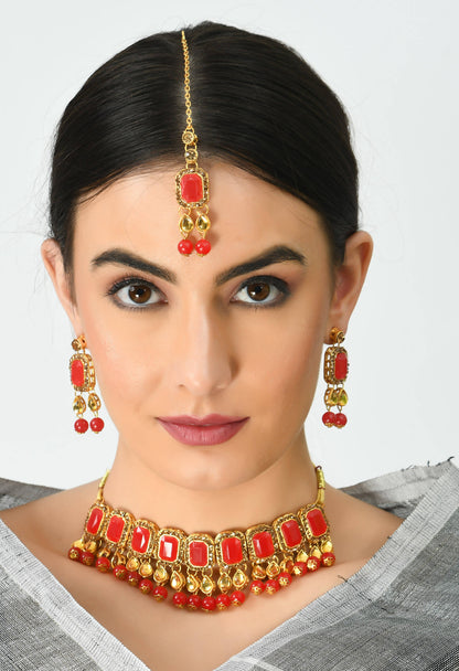 Gold-Plated Red Color Stone & Pearls Necklace with Earrings ,Tikka Jkms_125