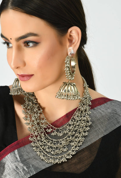 Trendia Silver color Nacklace with Ghungru Tripple layar with EarringsJkms_108